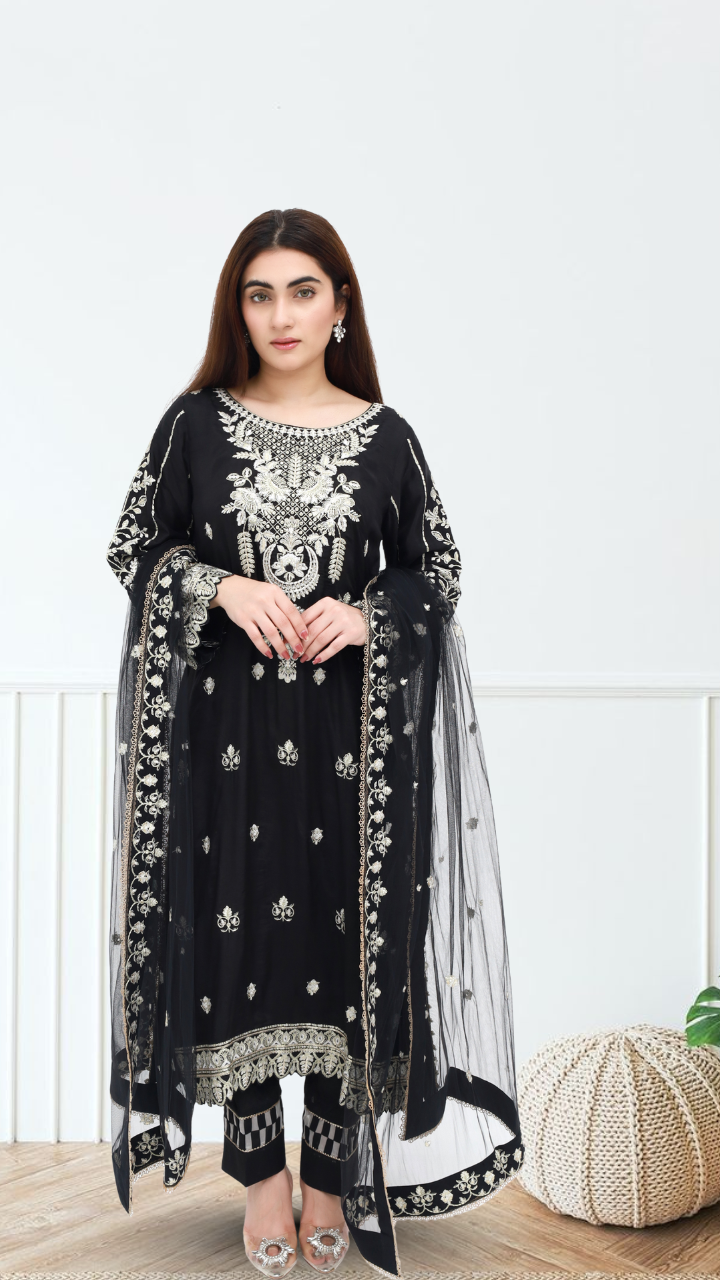 Black Embroidered Raw Silk 3-Piece Suit – Daiselle by Zurwa's collection | DAISELLE