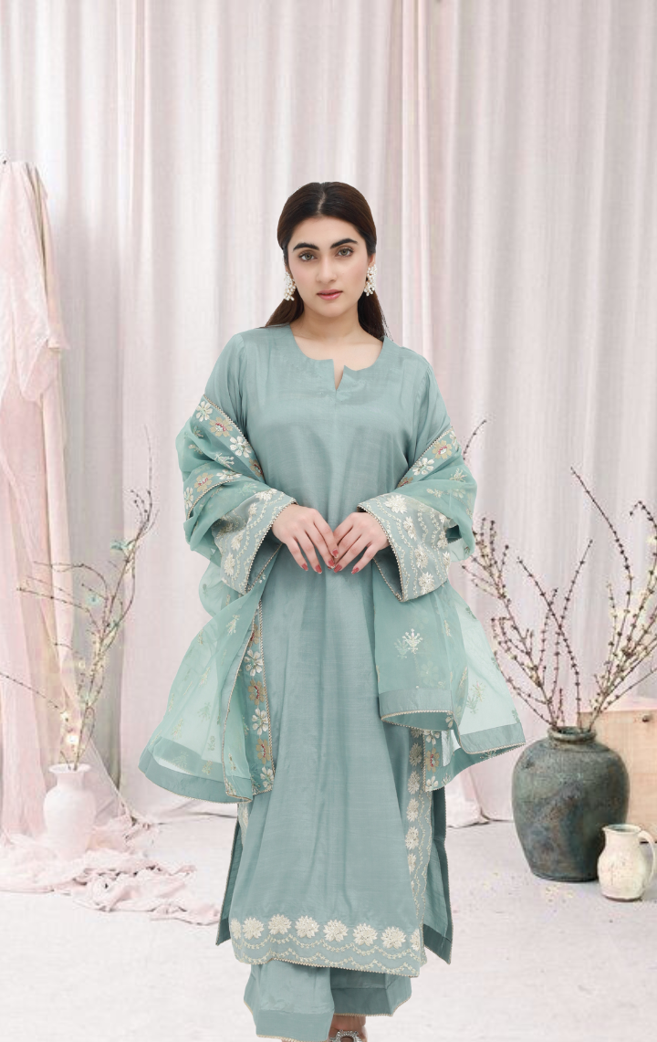 Mint Green Embroidered Raw Silk 3-Piece Suit | Daiselle by Zurwa's Collection – DAISELLE