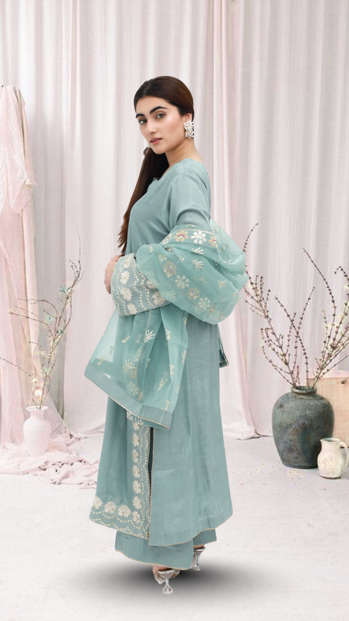 Mint Green Embroidered Raw Silk 3-Piece Suit | Daiselle by Zurwa's Collection – DAISELLE