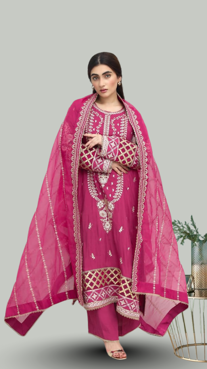 Magenta Raw Silk Embroidered Suit | Daiselle by Zurwas Collection – DAISELLE