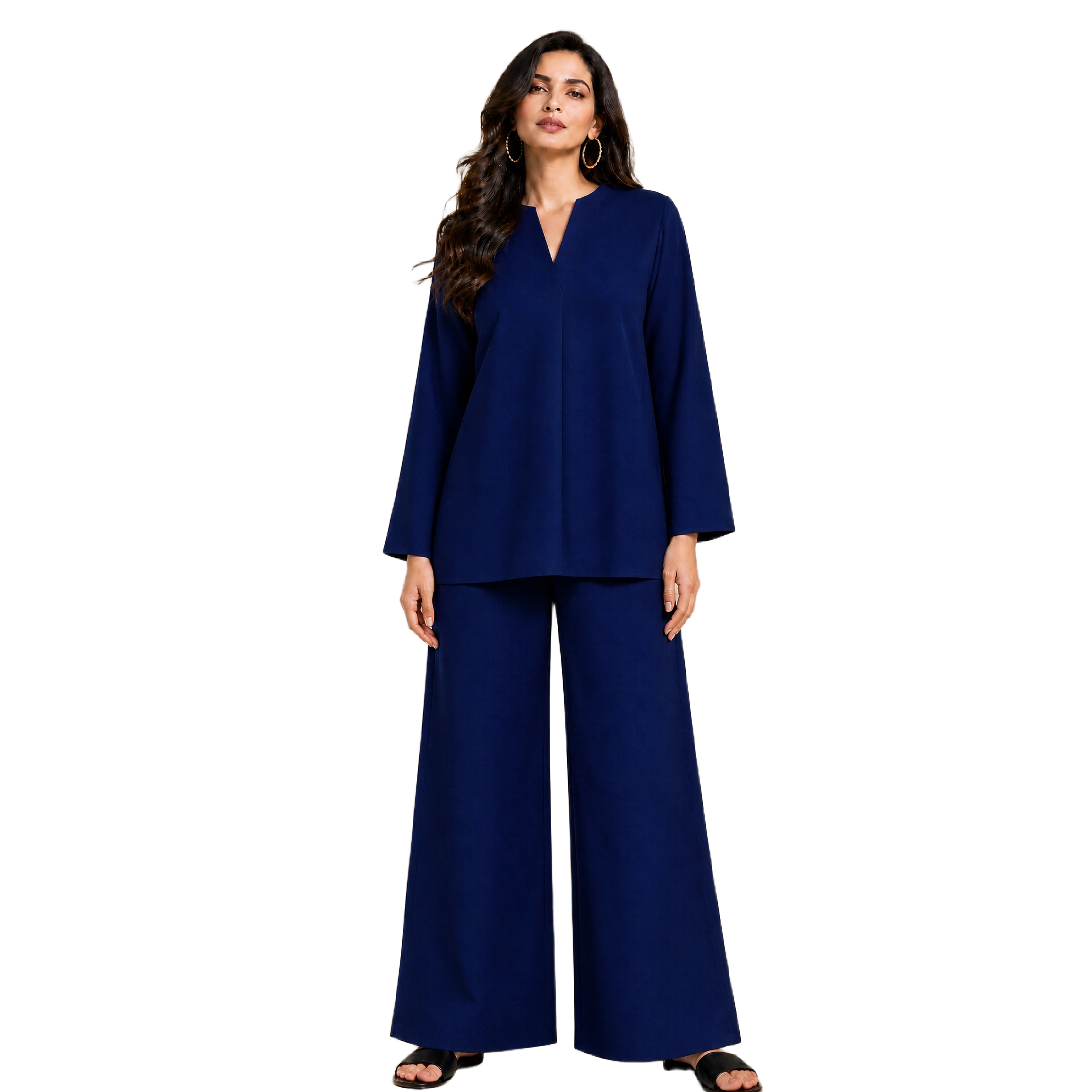 Woman wearing a blue outfit on a white background