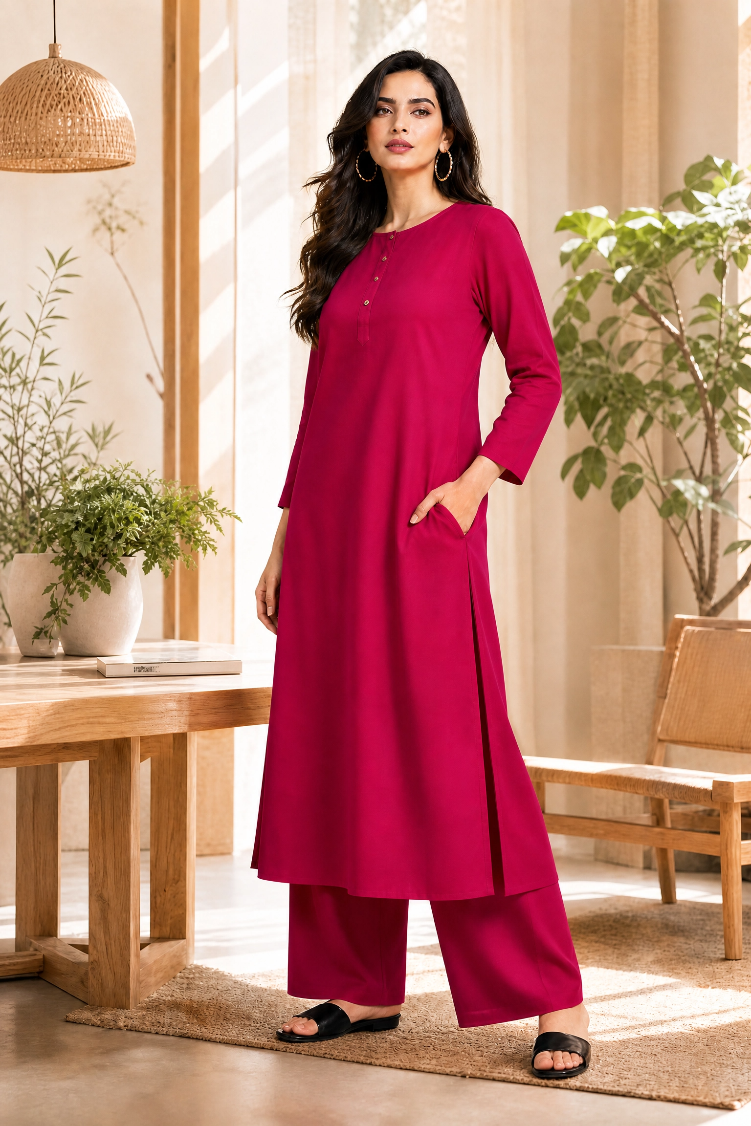 Woman wearing a magenta outfit standing in a bright room with plants and wooden furniture.