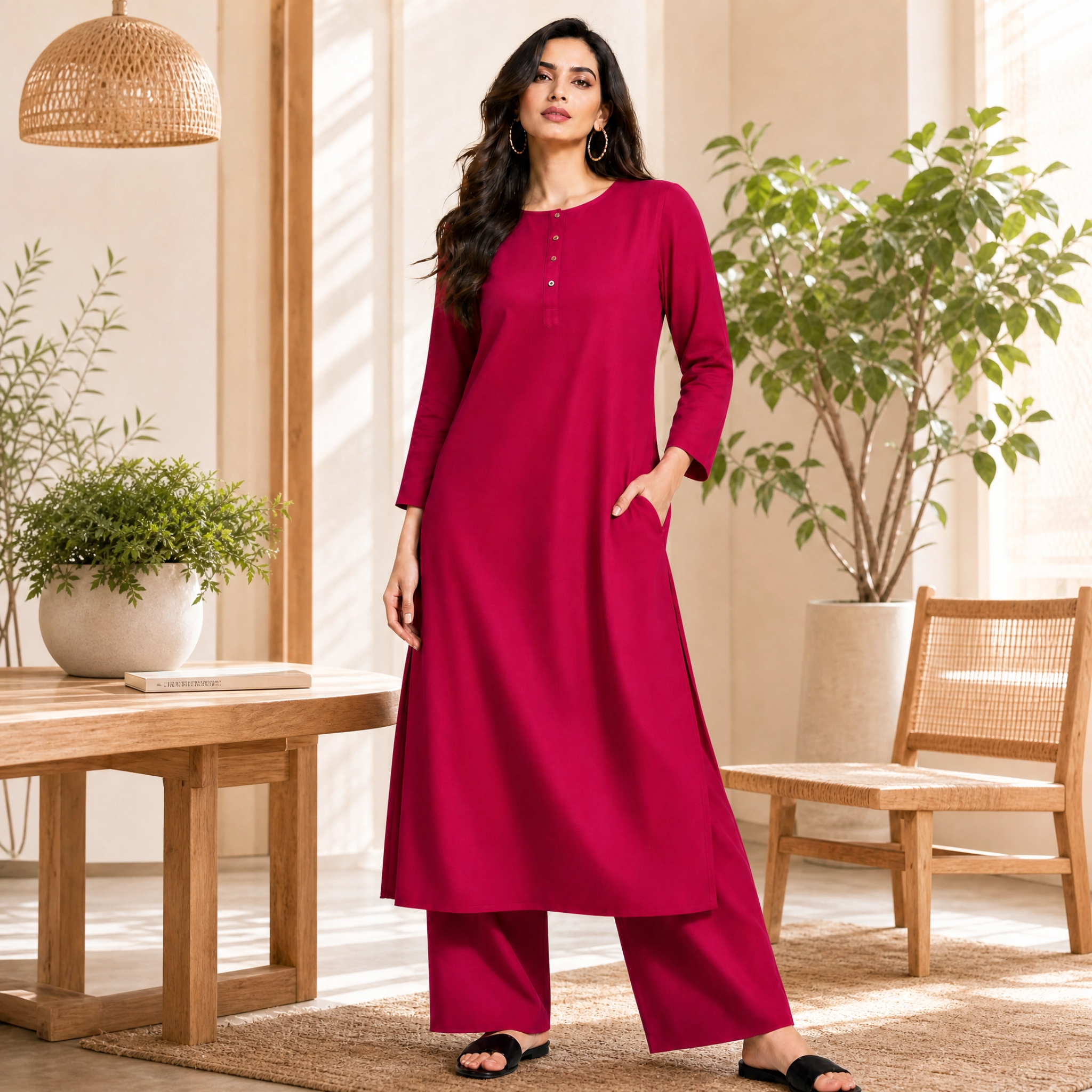 Woman in a red outfit standing in a bright room with plants and wooden furniture.