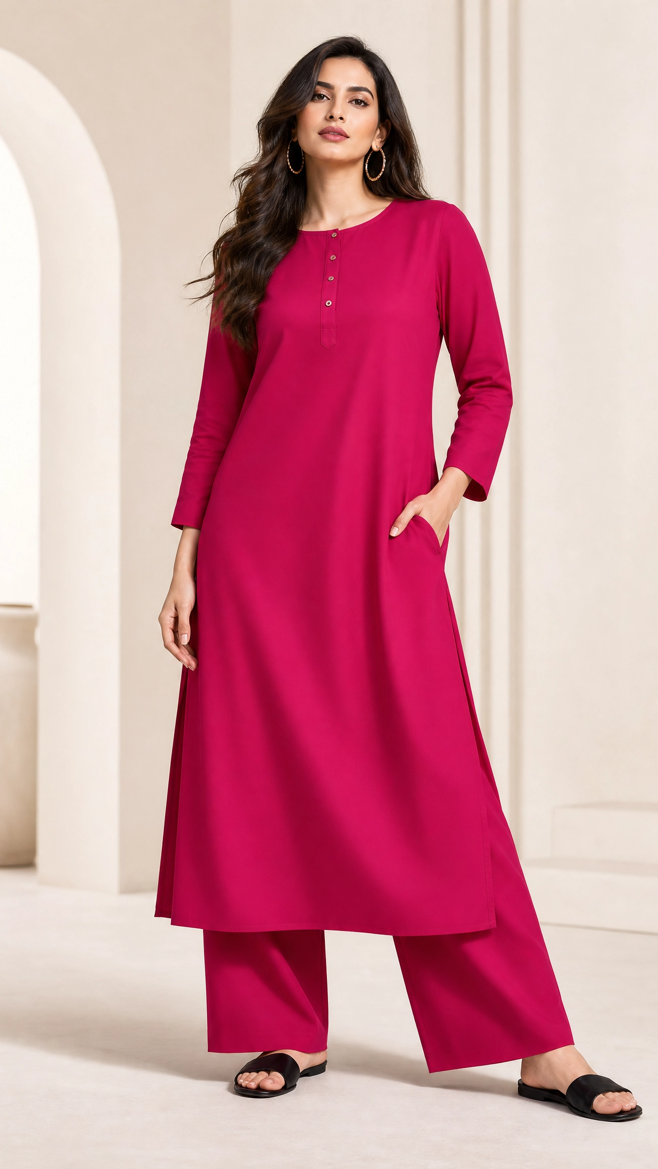 Woman wearing a pink kurta with palazzo pants in a minimalistic setting