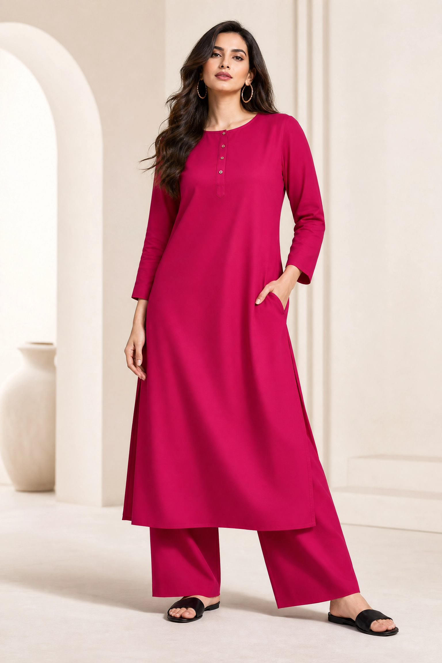 Woman wearing a pink kurta with palazzo pants in a minimalistic setting