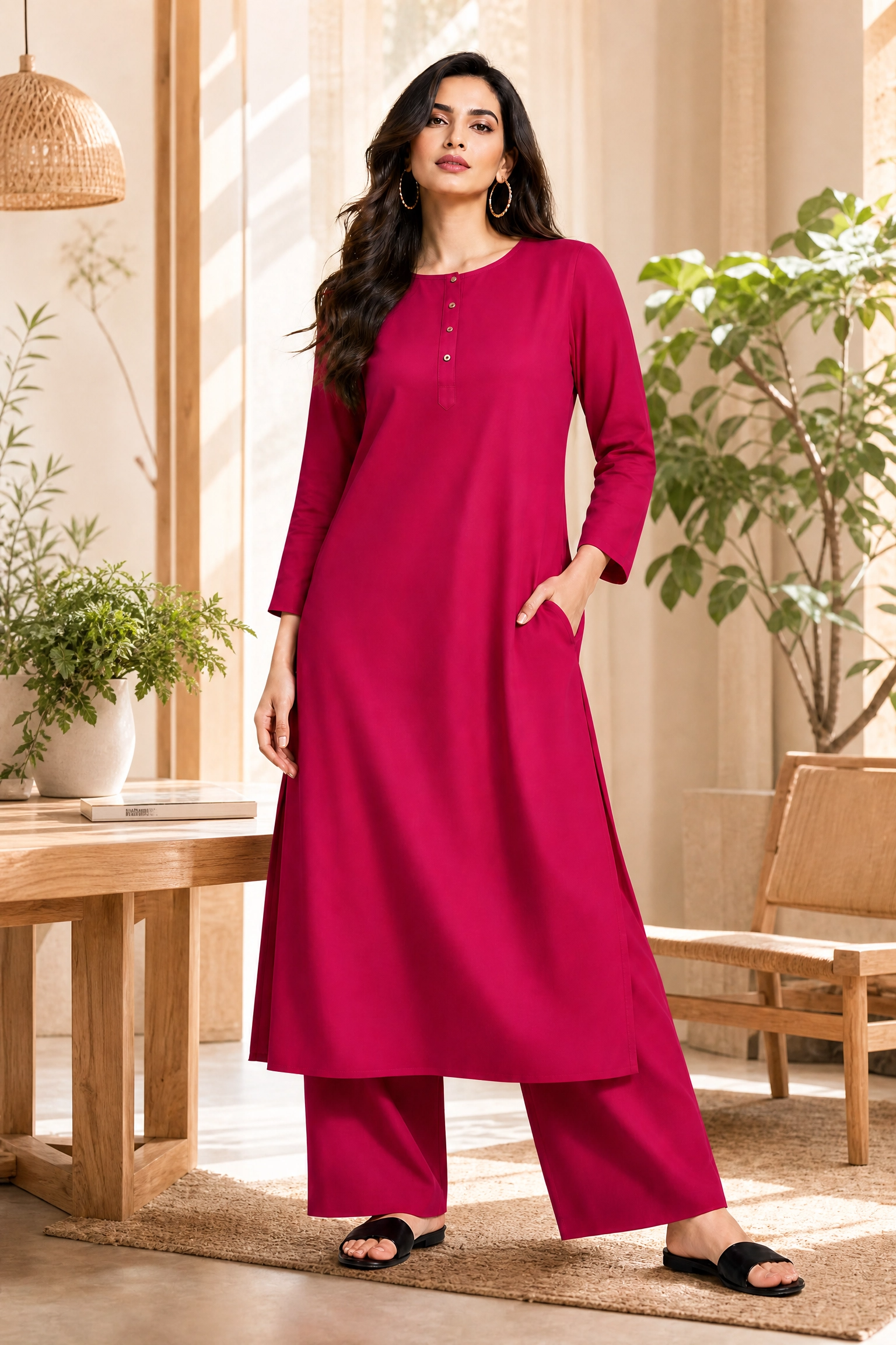 Woman wearing a pink kurta with palazzo pants in a home setting.