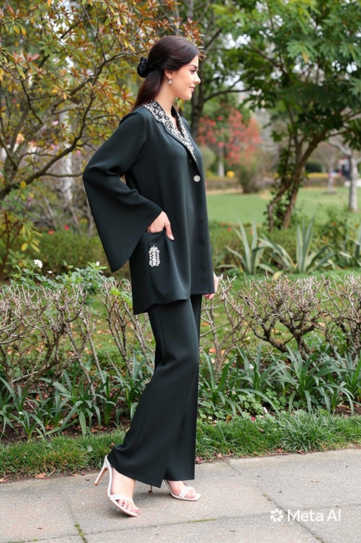 Woman in a emerald green  suit standing in a park with trees and grass in the background