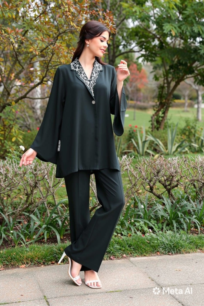 Daiselle Emerald Green 2-Piece Co-ord Set with White Embroidered Collar and Wide Leg Trousers for Women Pakistan