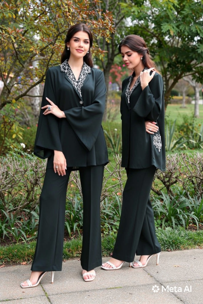 Daiselle Emerald Green 2-Piece Co-ord Set with White Embroidered Collar and Wide Leg Trousers for Women Pakistan