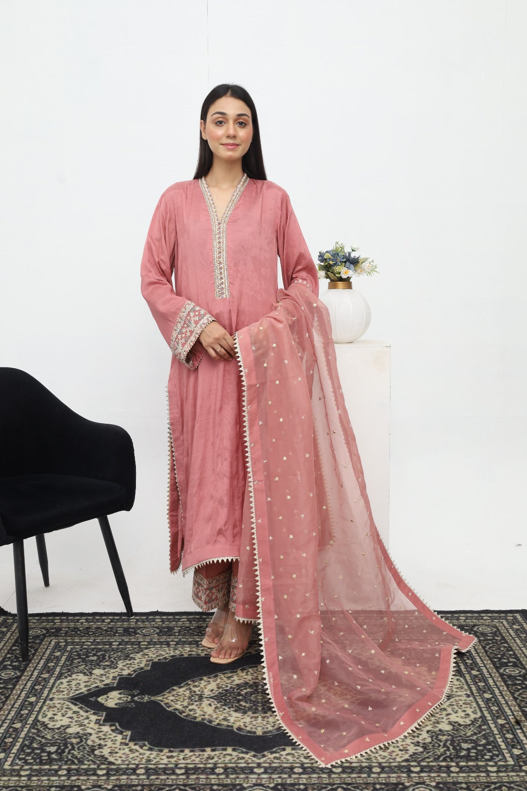 3pc Raw Silk pink suit traditional outfit with organza Dupatta