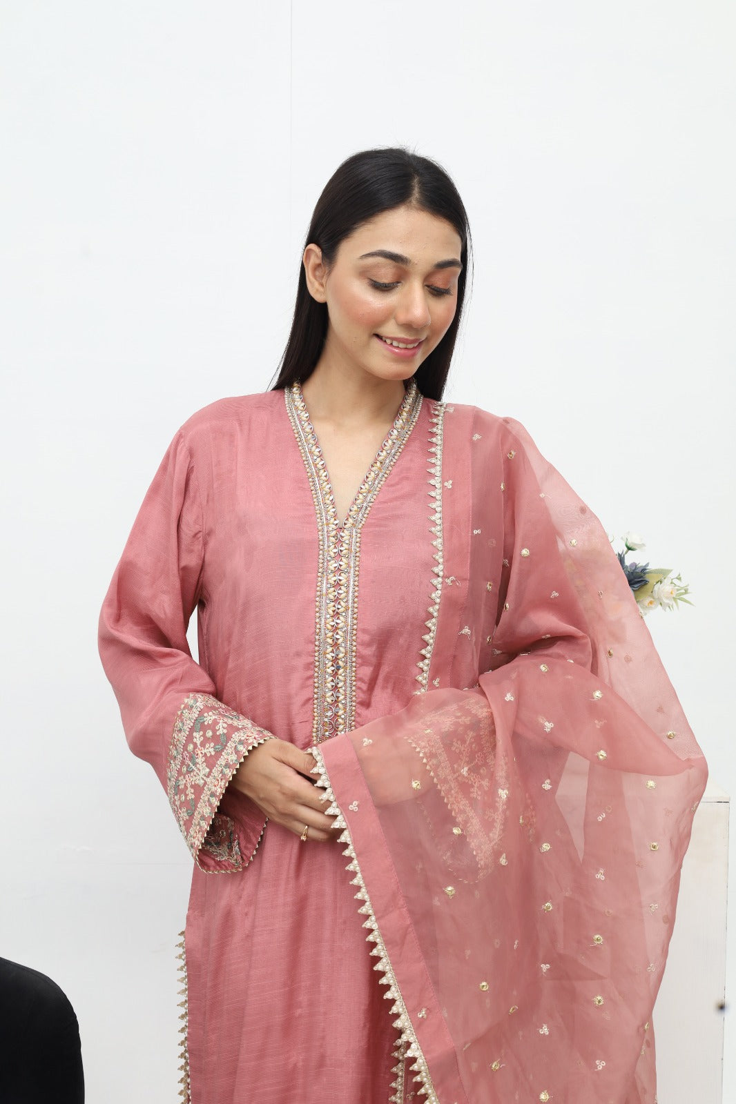 Tea Pink Raw Silk 3 Piece with Organza Dupatta 03