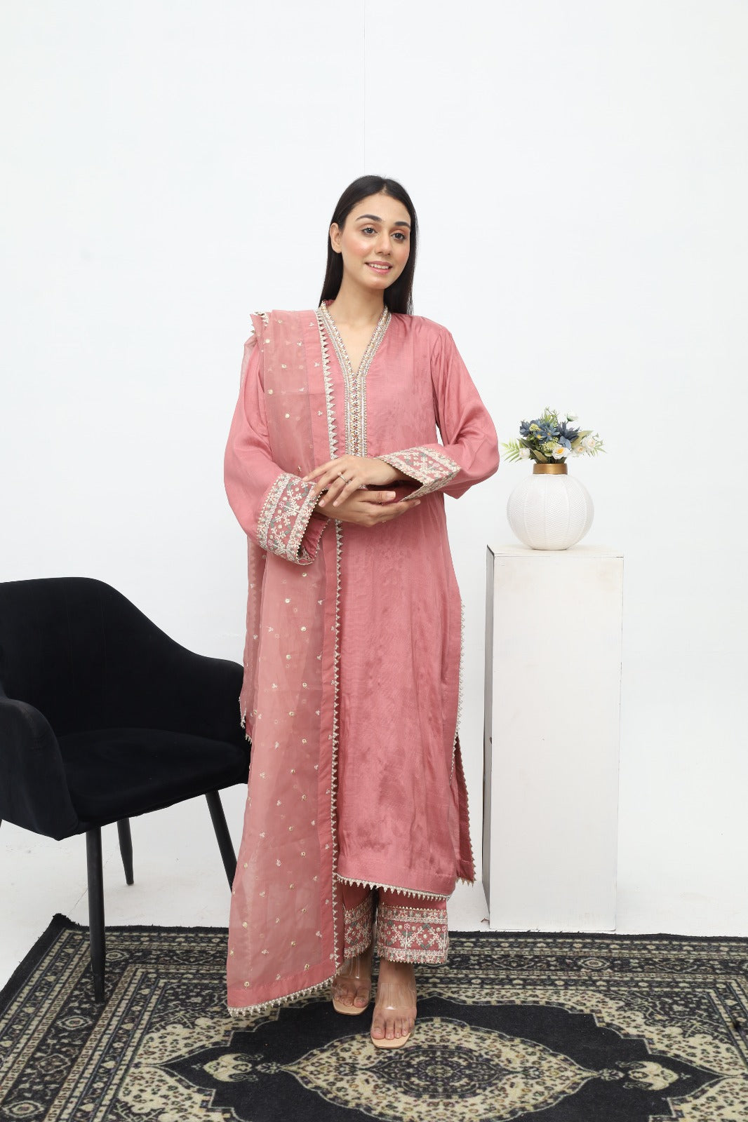 Tea Pink Raw Silk 3 Piece with Organza Dupatta 04