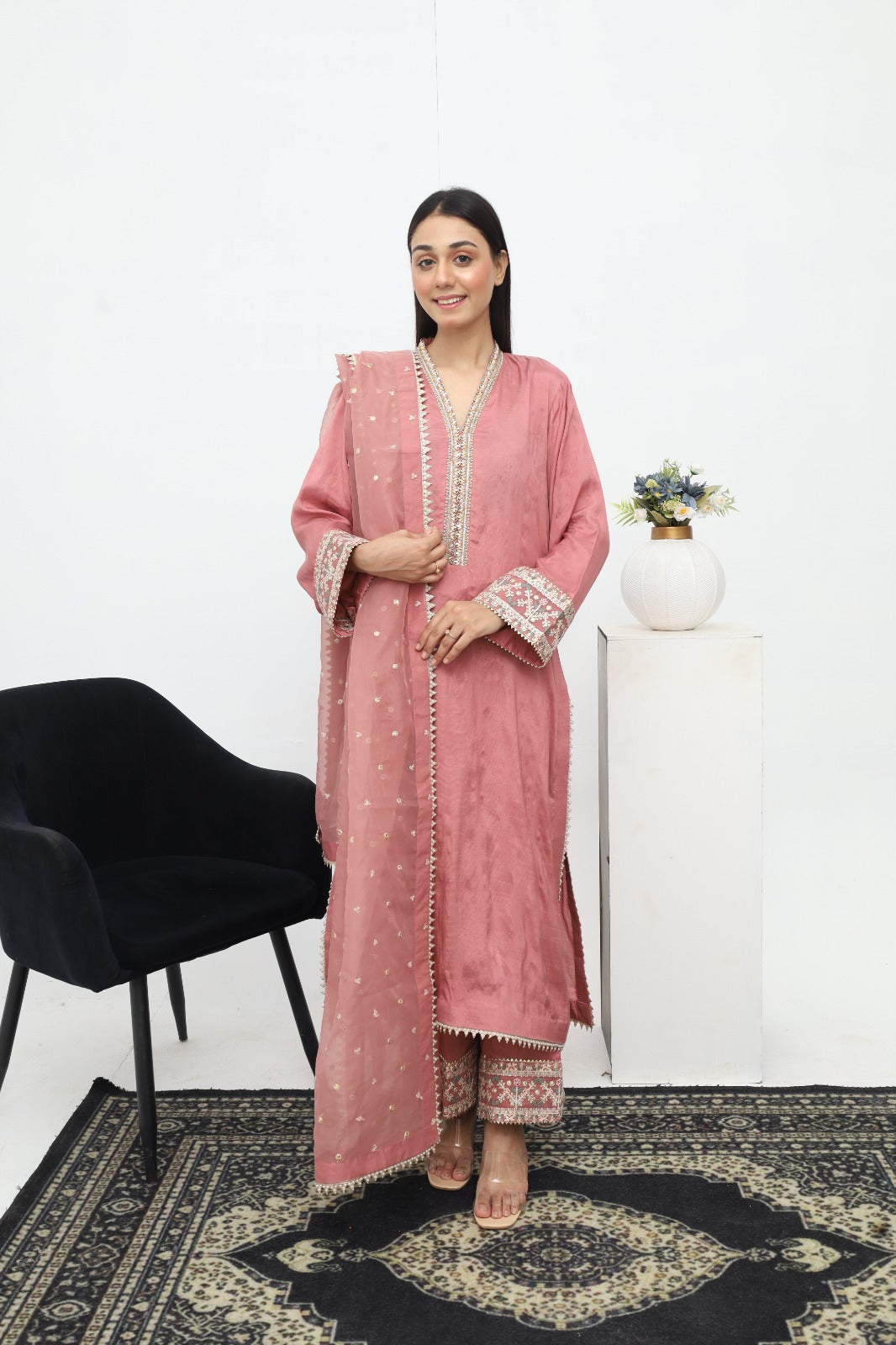 Tea Pink Raw Silk 3 Piece with Organza Dupatta 05