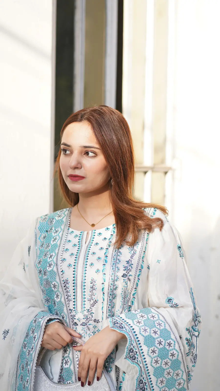 Dust White Embroidered Raw Silk 3-Piece