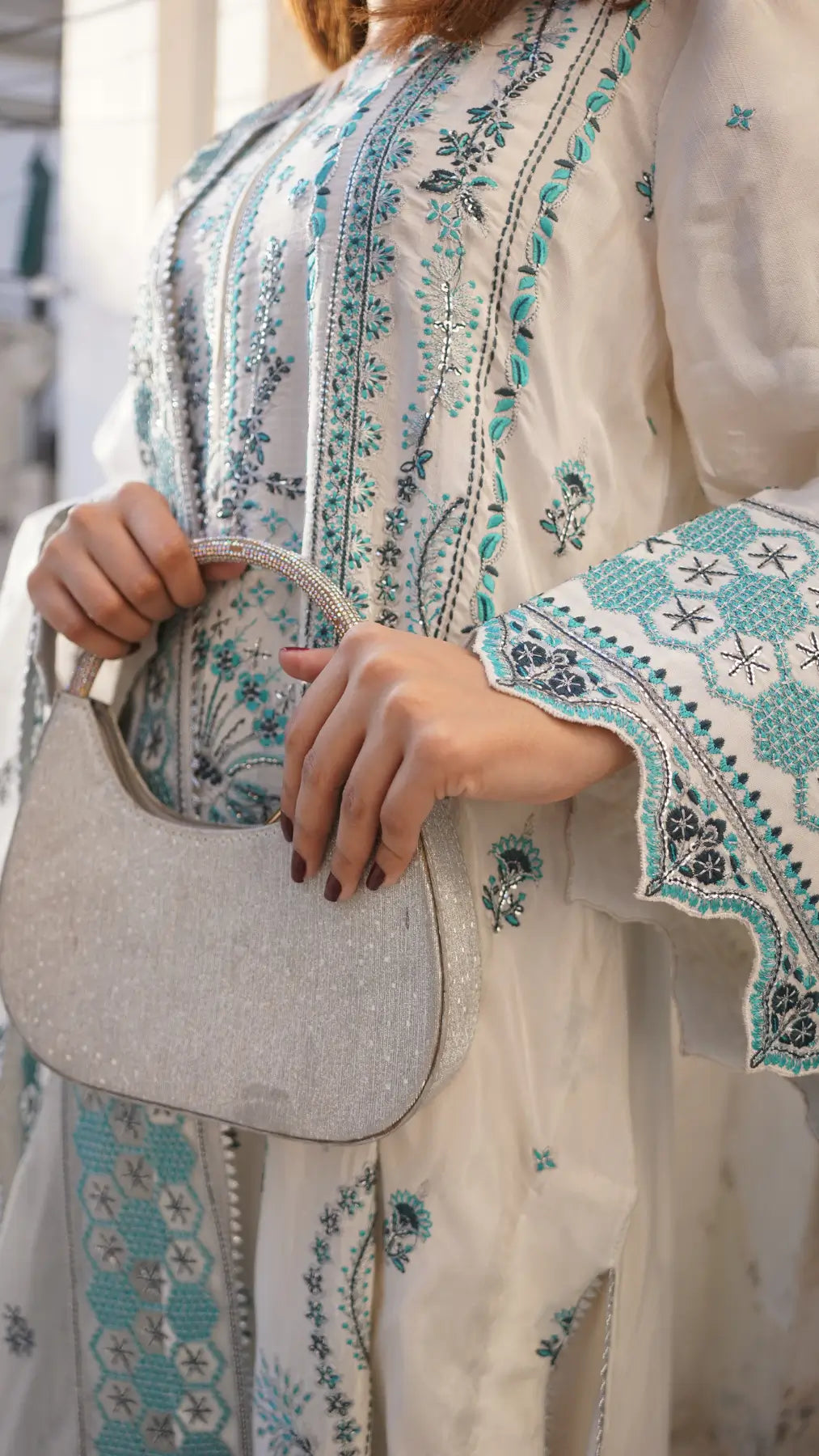 Dust White Embroidered Raw Silk 3-Piece