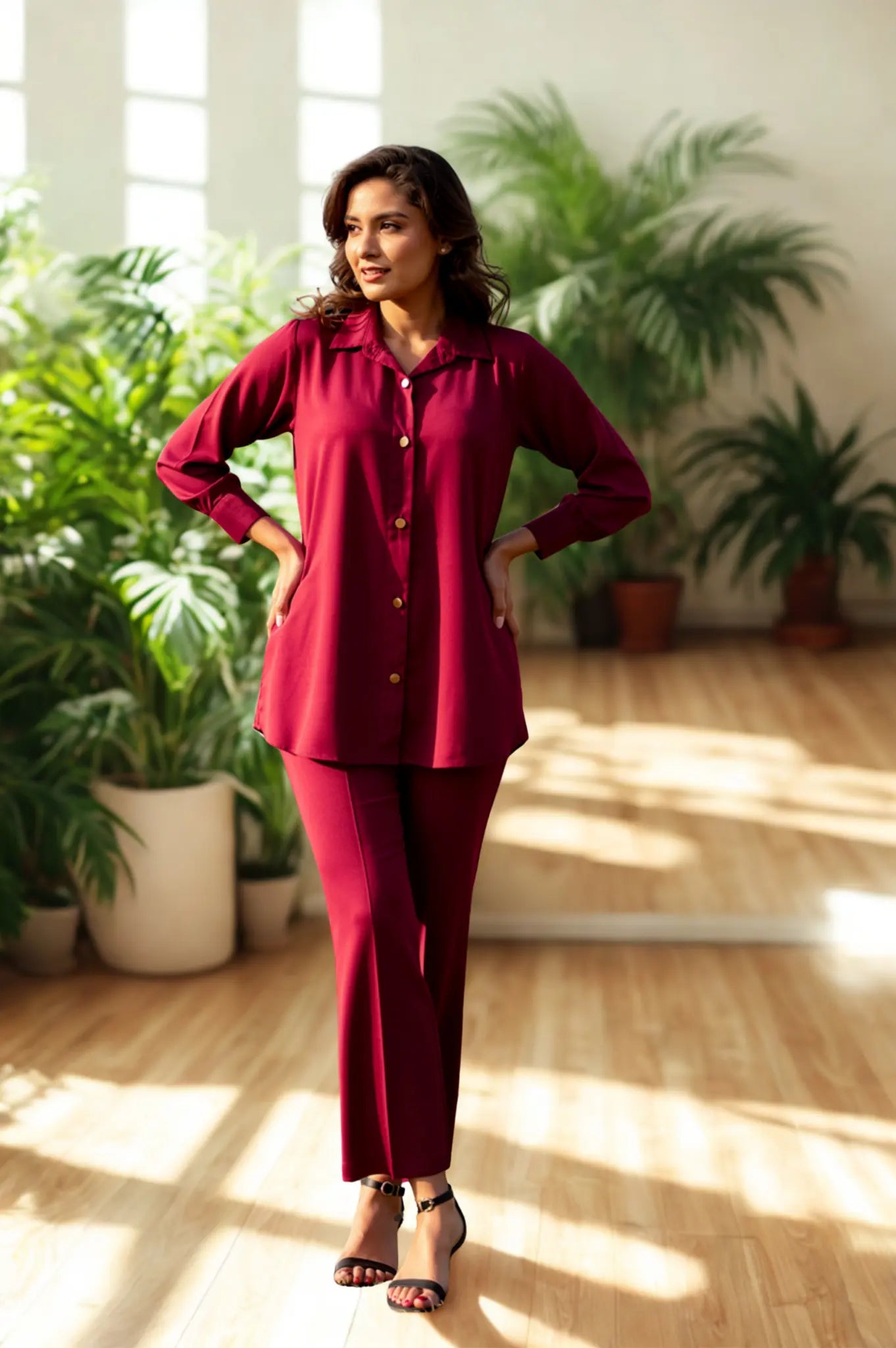 Daiselle Maroon Classic Button-Down 2-Piece Co-ord Set