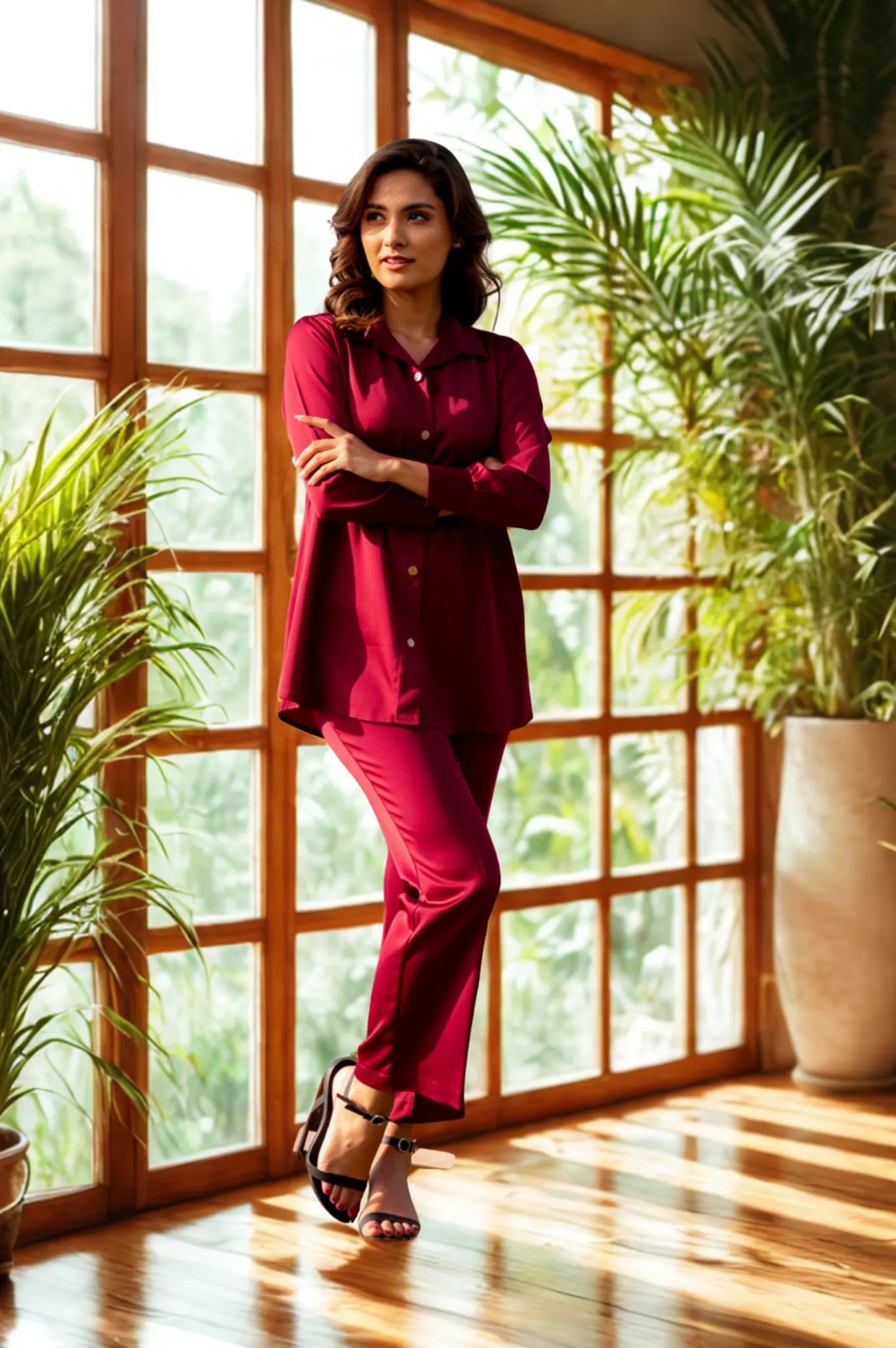 Daiselle Maroon Classic Button-Down 2-Piece Co-ord Set