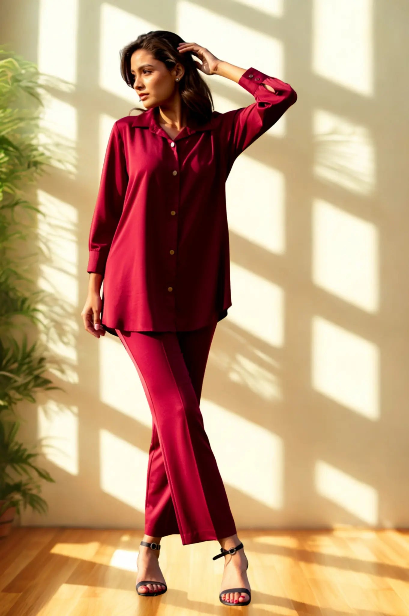 Daiselle Maroon Classic Button-Down 2-Piece Co-ord Set