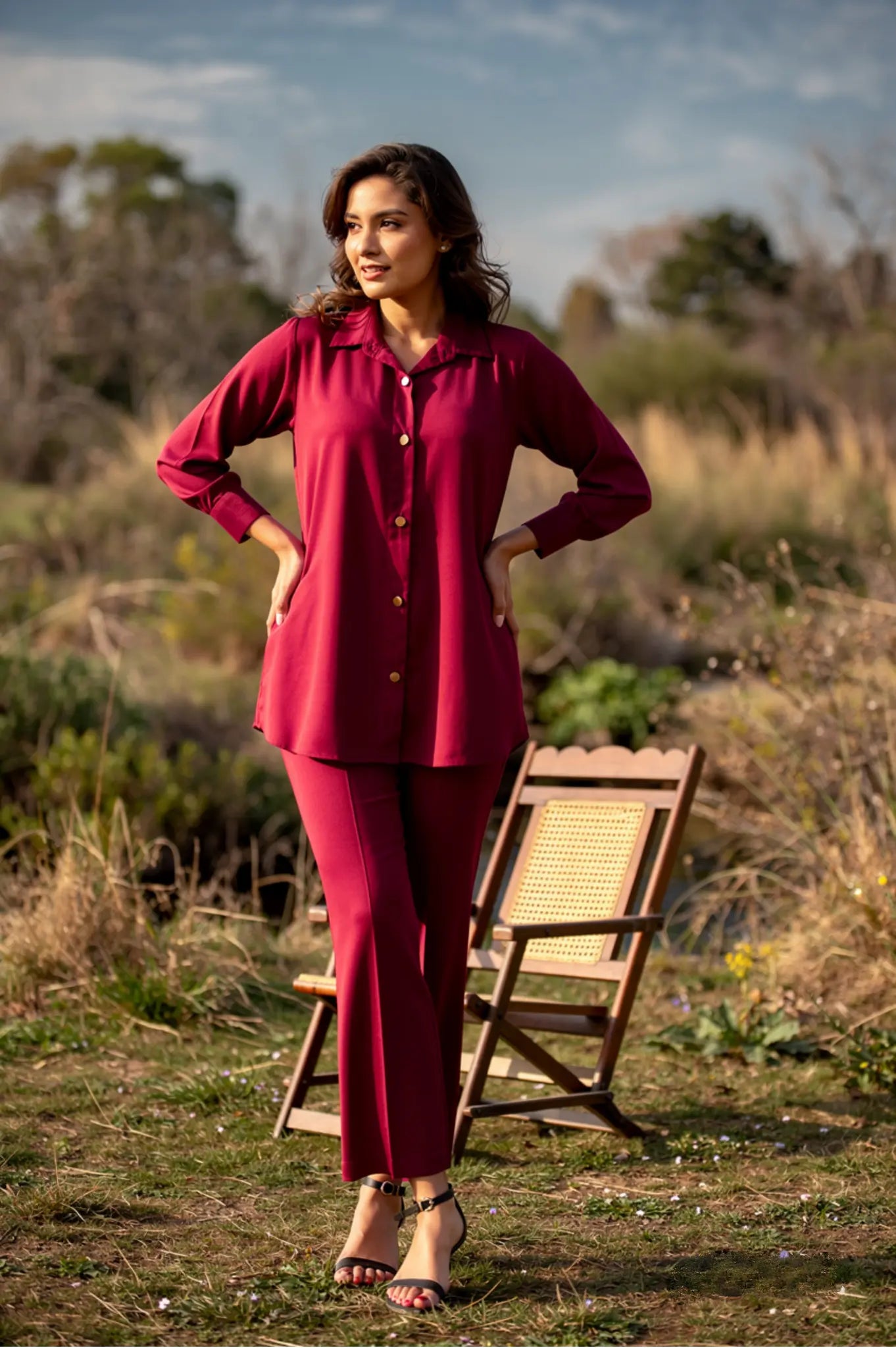 Daiselle Maroon Classic Button-Down 2-Piece Co-ord Set