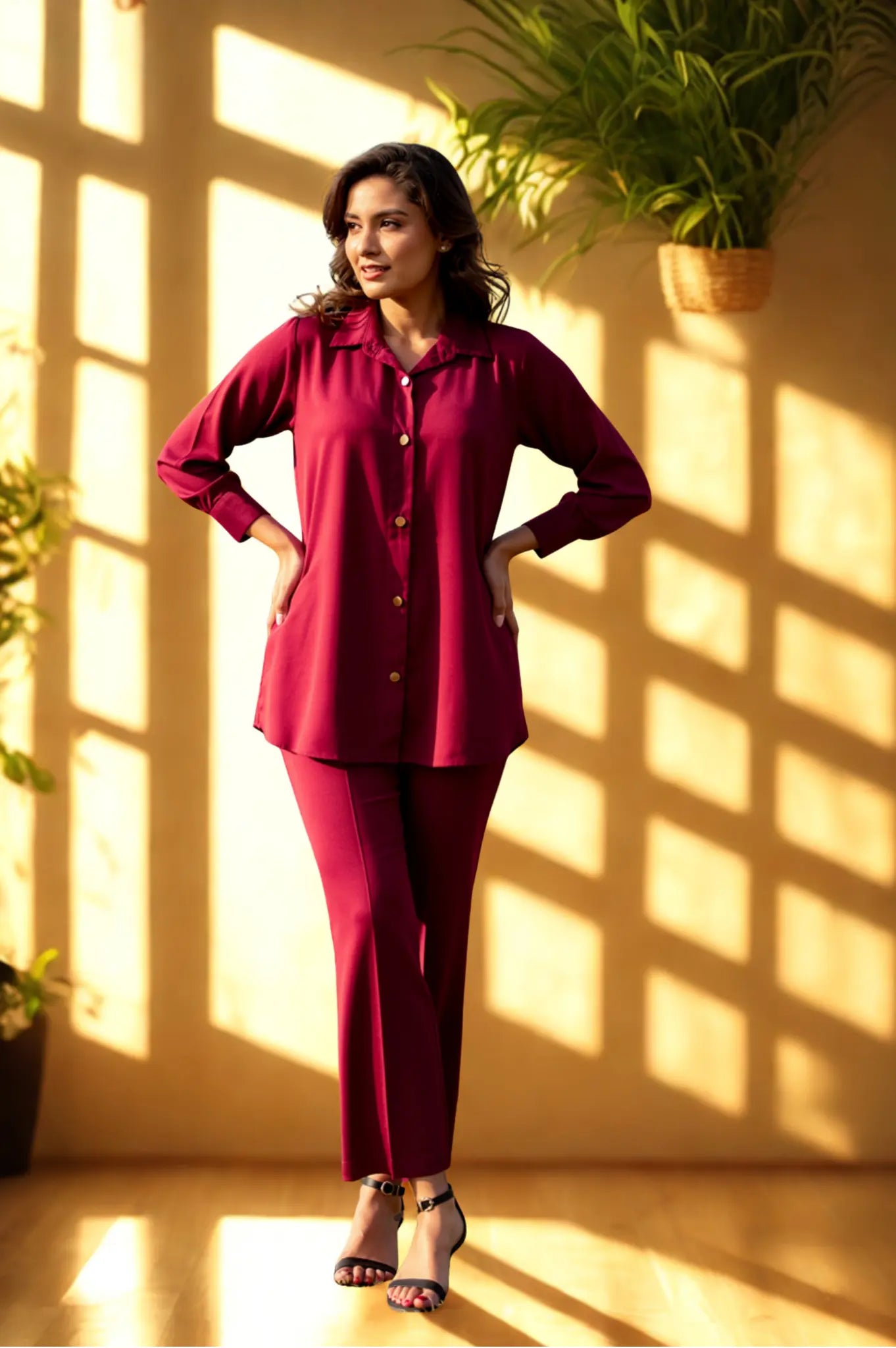 Daiselle Maroon Classic Button-Down 2-Piece Co-ord Set