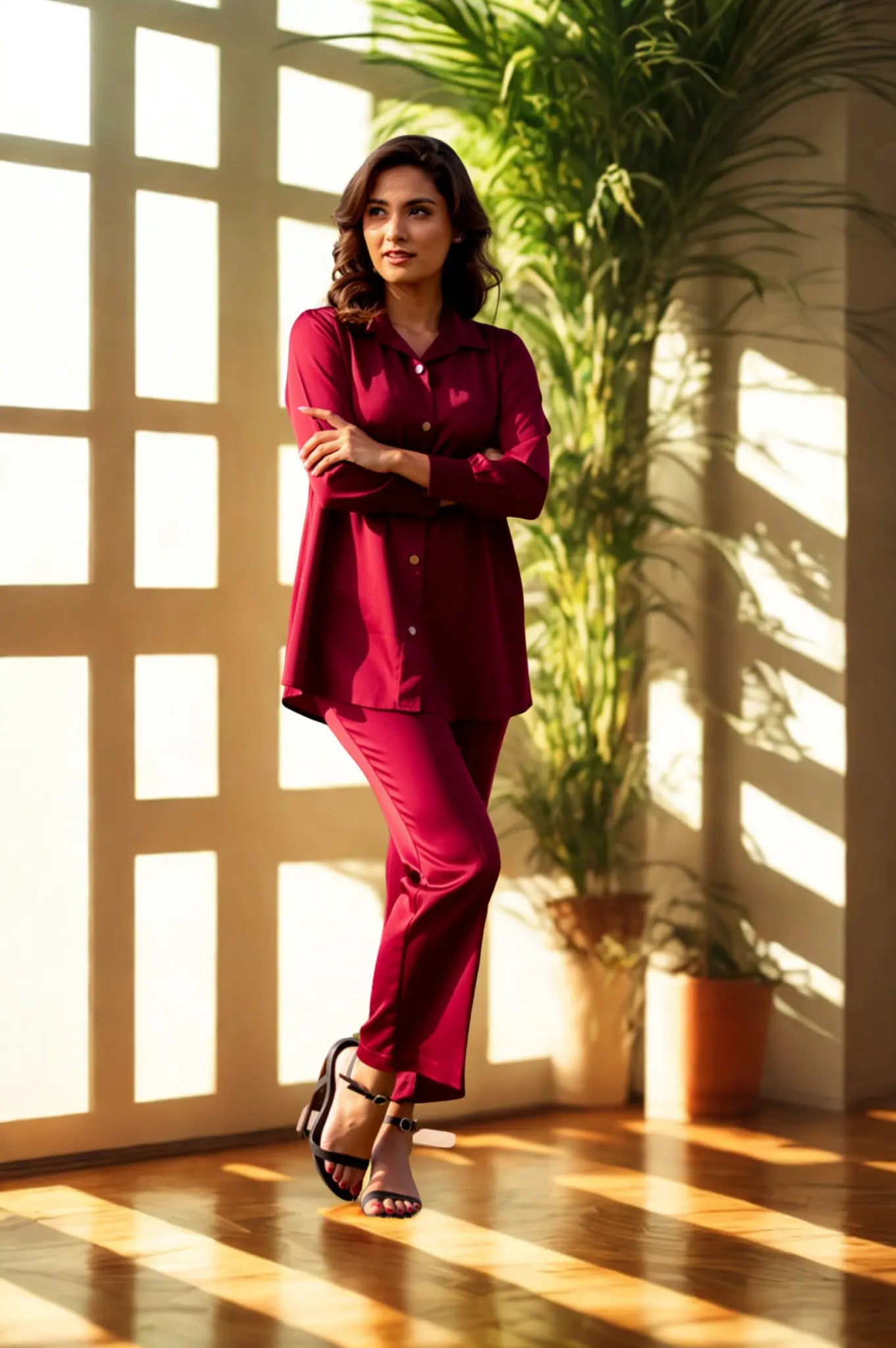 Daiselle Maroon Classic Button-Down 2-Piece Co-ord Set