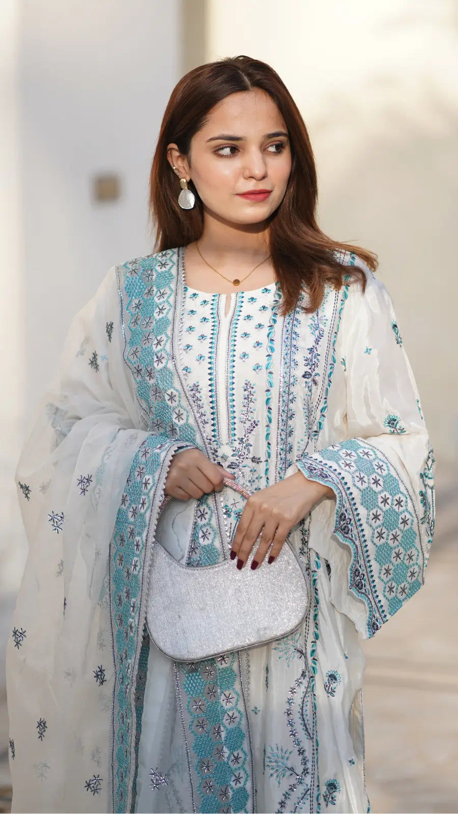 Dust White Embroidered Raw Silk 3-Piece