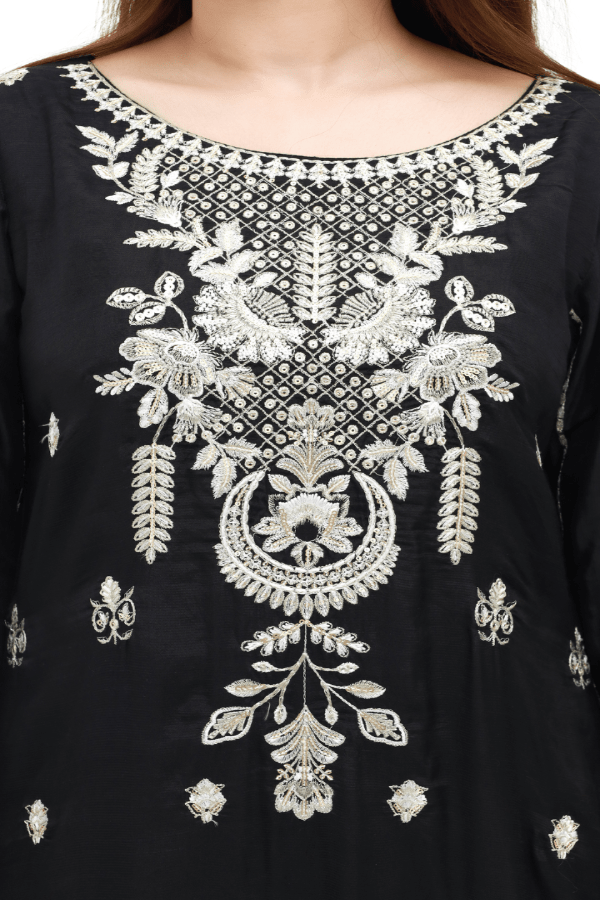 Black Embroidered Raw Silk 3-Piece Suit - Daiselle