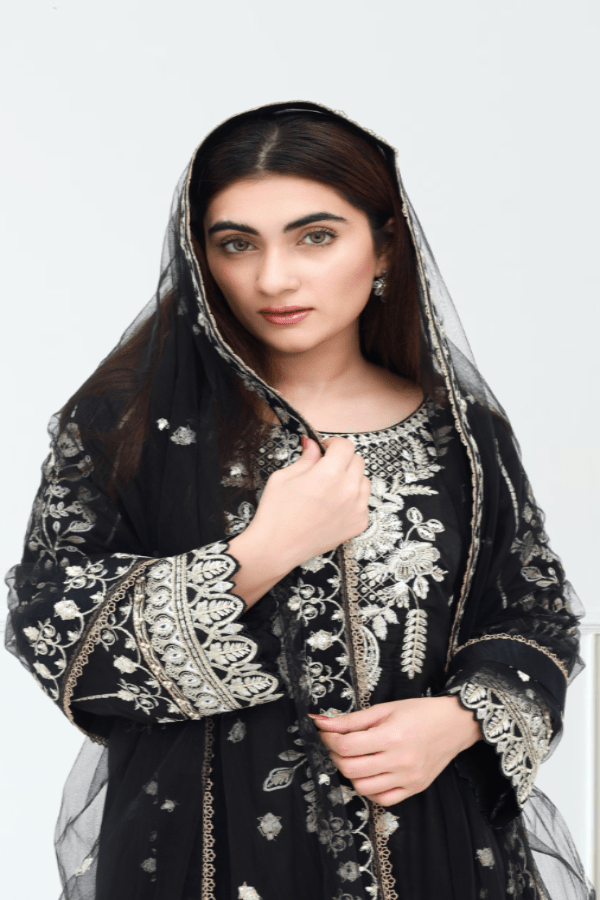Black Embroidered Raw Silk 3-Piece Suit - Daiselle