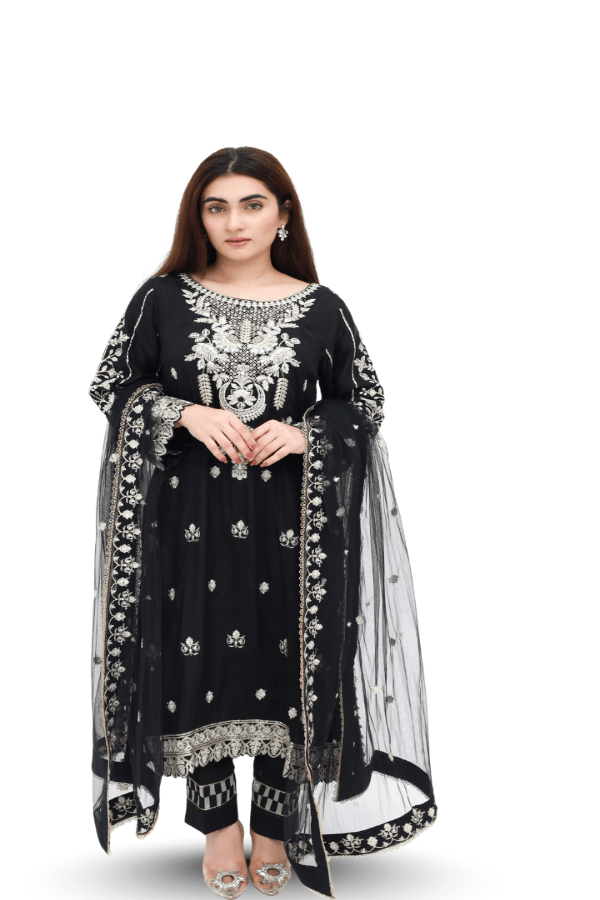 Black Embroidered Raw Silk 3-Piece Suit - Daiselle