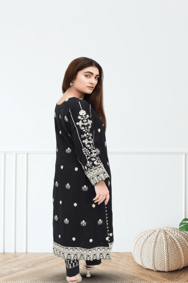 Black Embroidered Raw Silk 3-Piece Suit - Daiselle