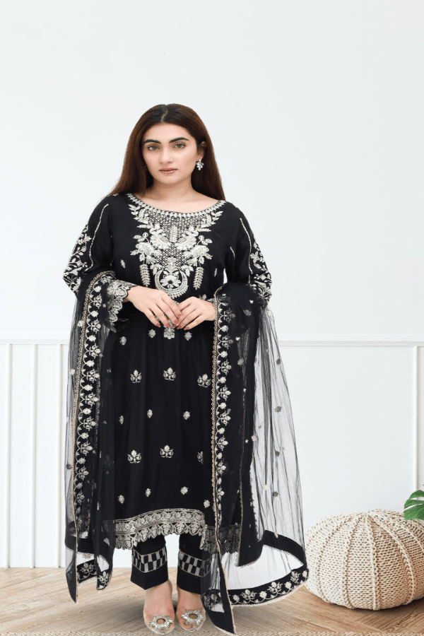 Black Embroidered Raw Silk 3-Piece Suit - Daiselle
