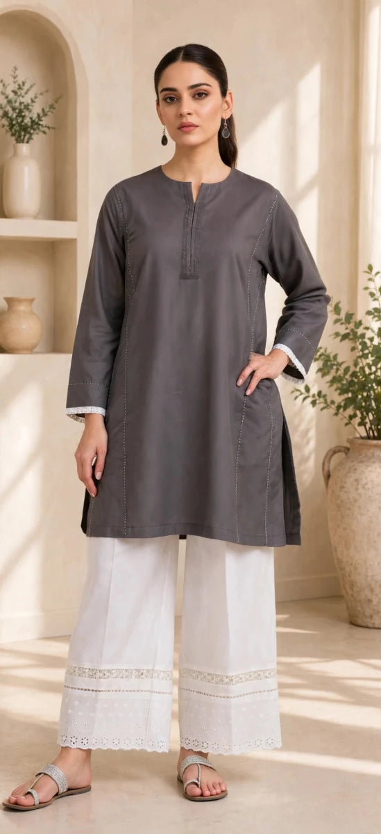 Charcoal & White Lace Trim 2-Piece Lawn Suit | Daiselle - Daiselle