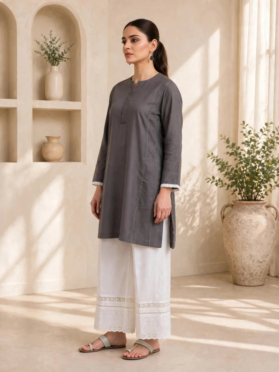 Charcoal & White Lace Trim 2-Piece Lawn Suit | Daiselle - Daiselle