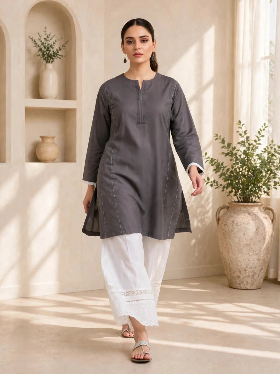Charcoal & White Lace Trim 2-Piece Lawn Suit | Daiselle - Daiselle