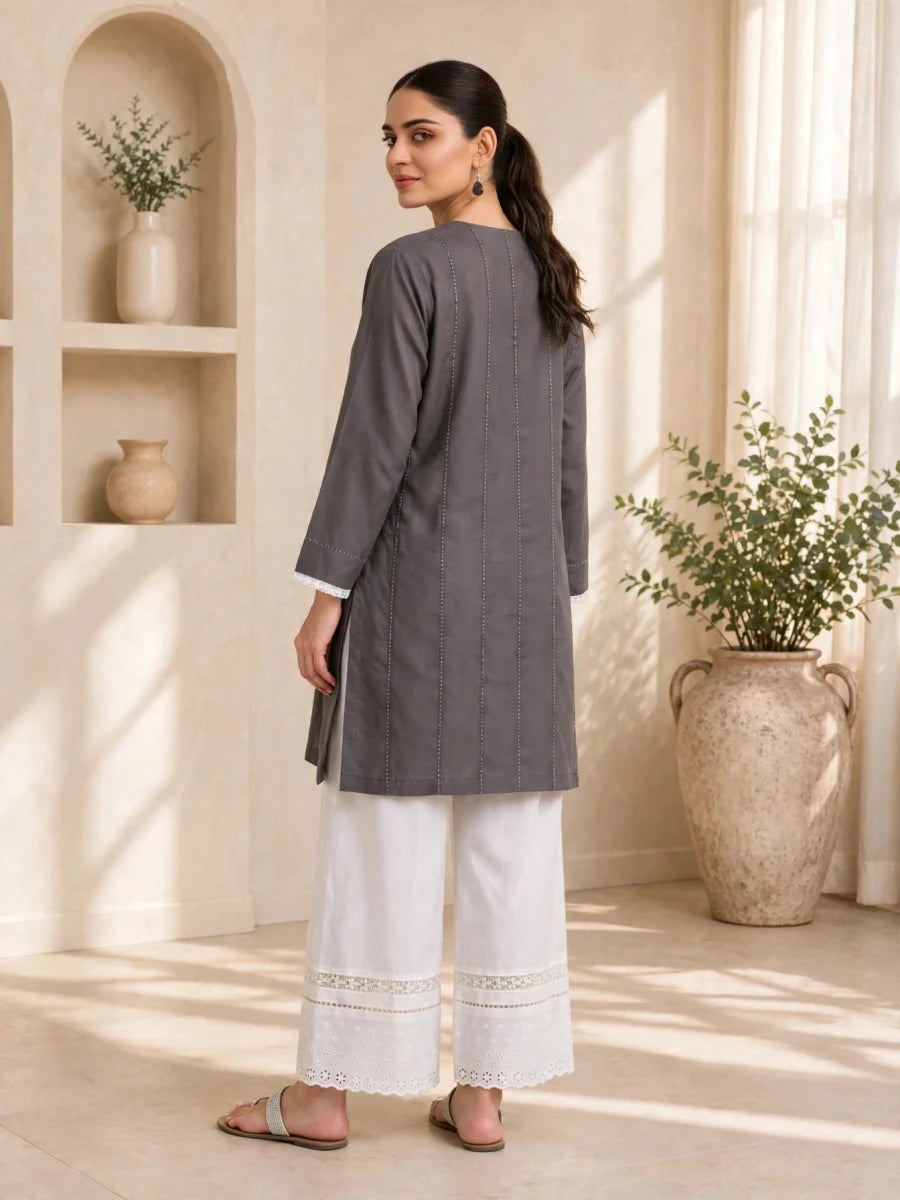 Charcoal & White Lace Trim 2-Piece Lawn Suit | Daiselle - Daiselle