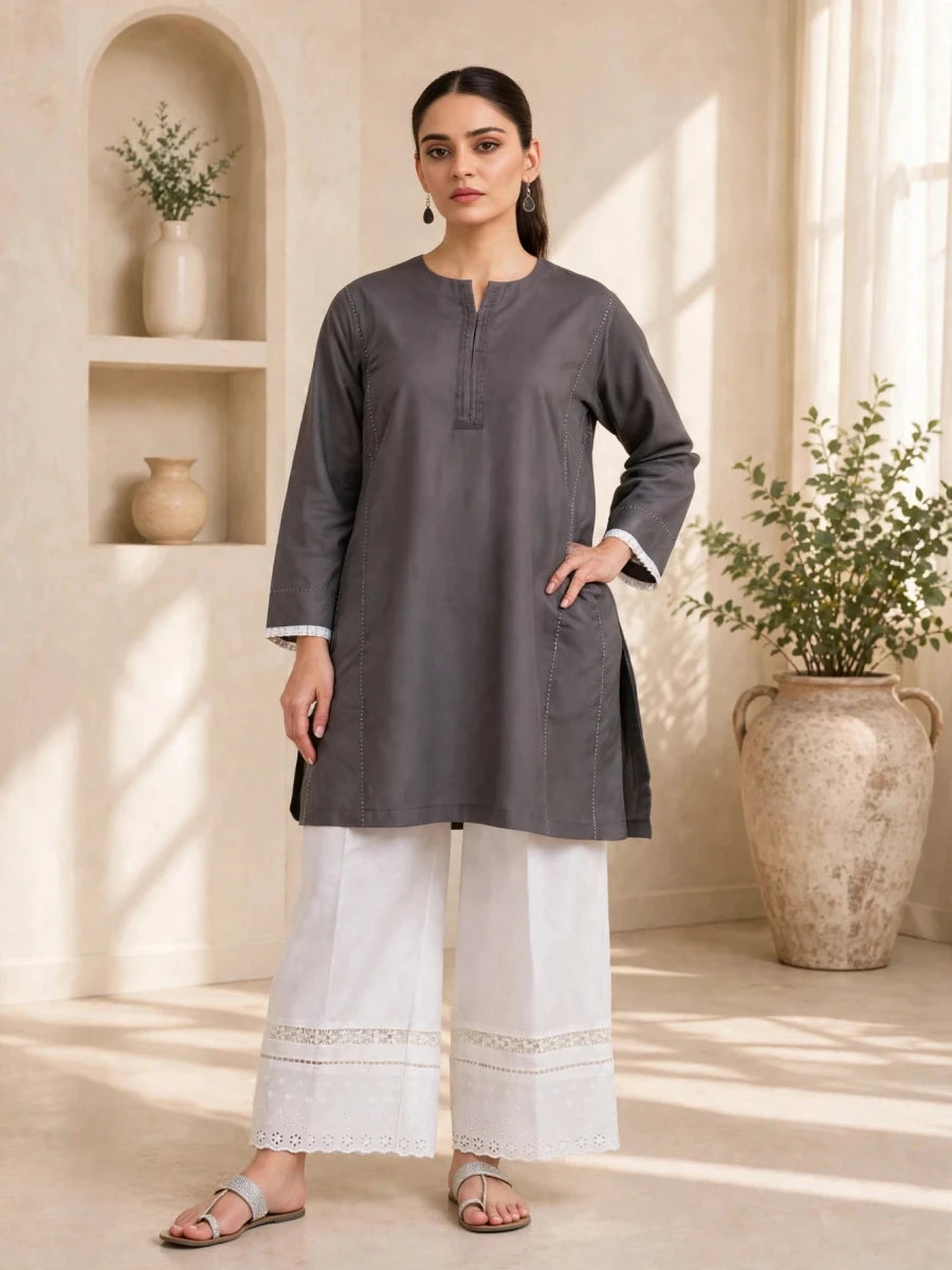 Charcoal & White Lace Trim 2-Piece Lawn Suit | Daiselle - Daiselle