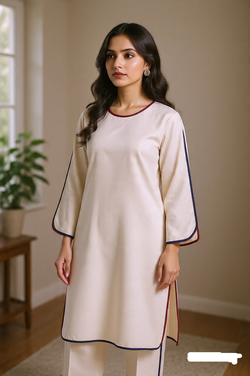 Woman wearing a cream-colored dress with red and navy trim in a room with a plant and wooden table.