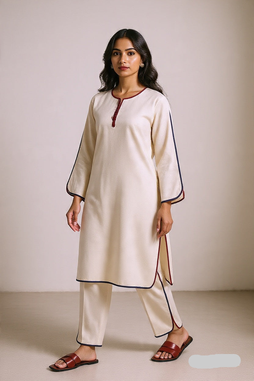 Woman wearing a cream-colored kurta with black piping against a plain background