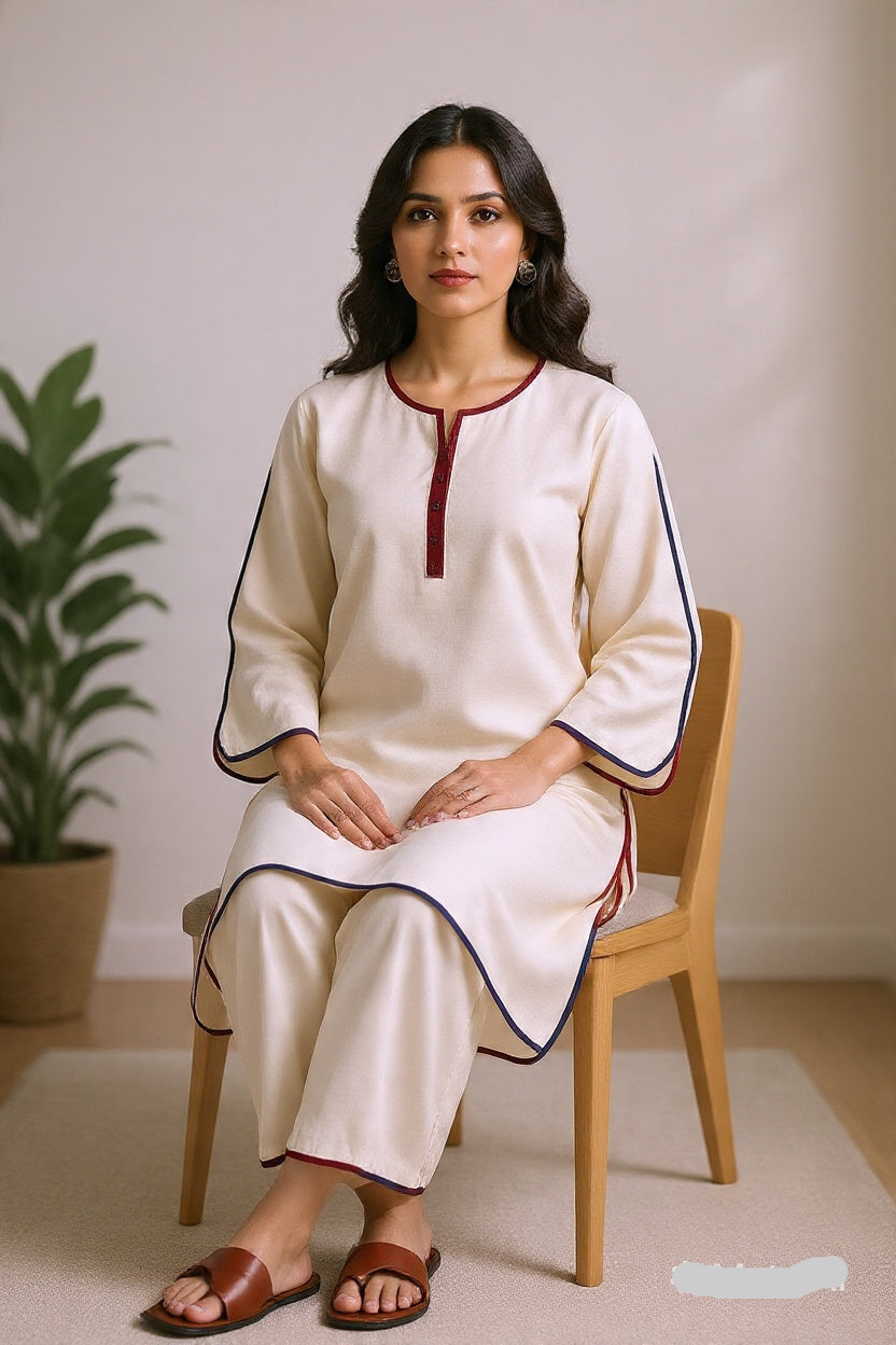 Woman sitting on a chair wearing a white kurta with red and black trim, in a minimalistic room.