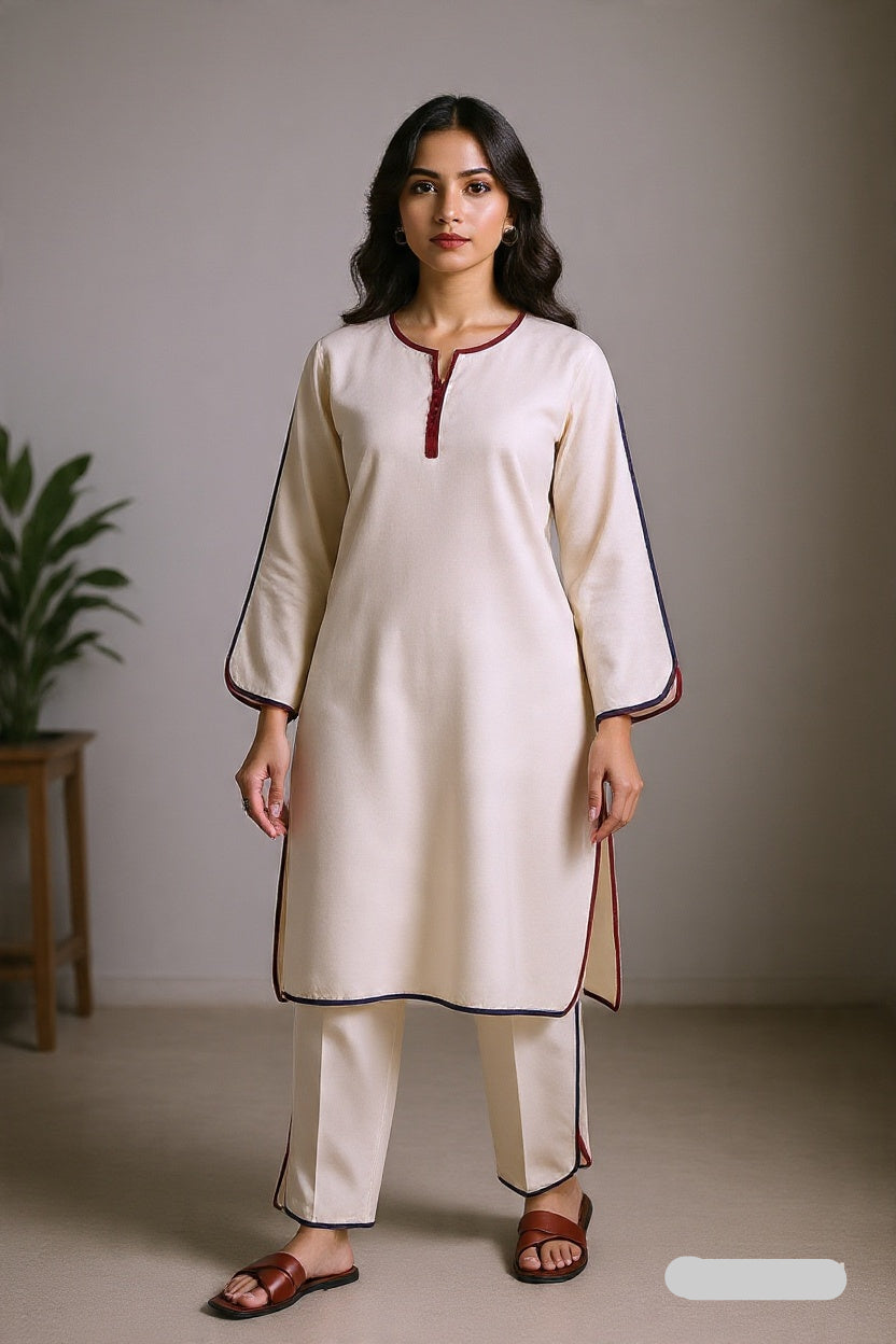 Woman wearing a cream-colored kurta with red and black trim against a plain background