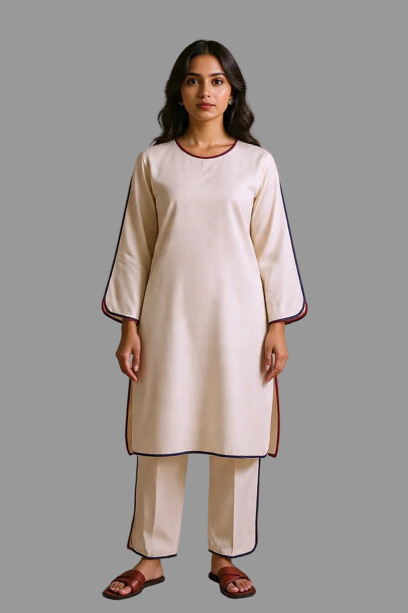Woman wearing a cream-colored outfit with black trim in a minimalistic room.