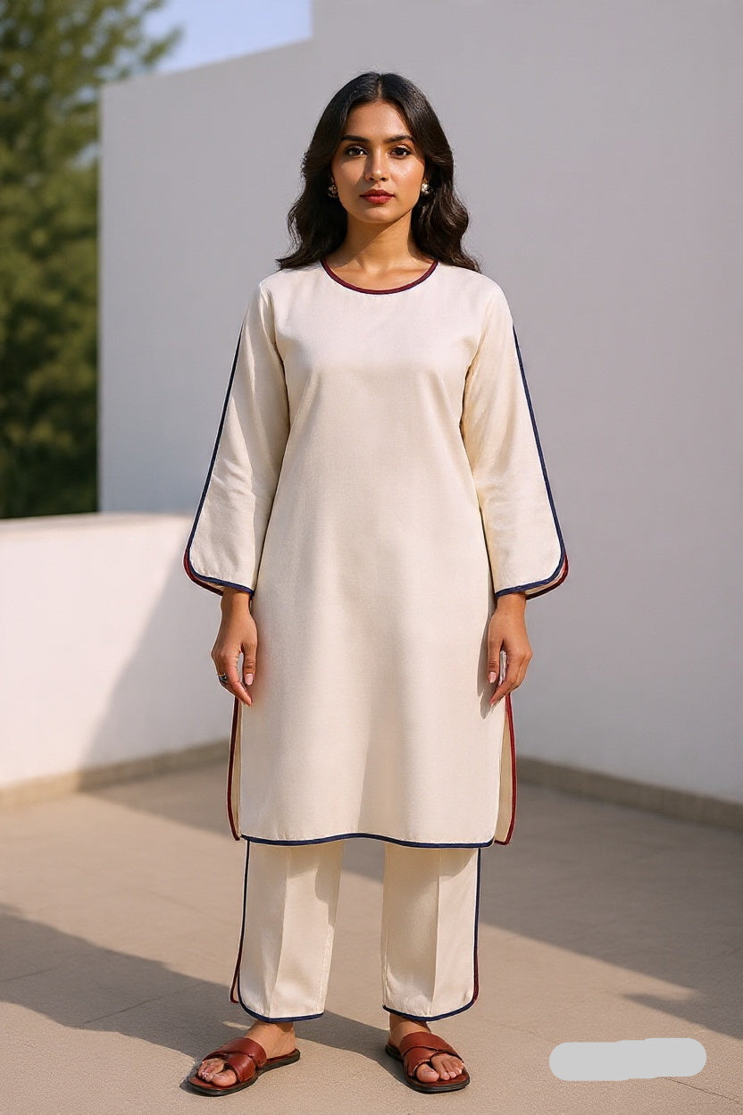 Woman wearing a beige outfit with black trim standing outdoors.