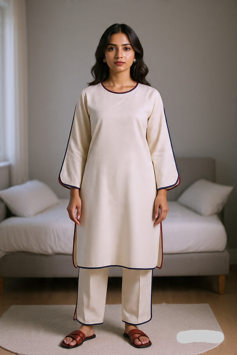 Woman wearing a white outfit with black trim in a bedroom setting