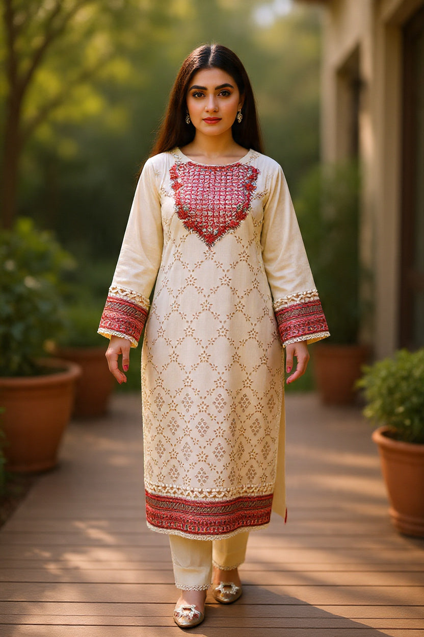 Cream Embroidered Lawn 3-Piece