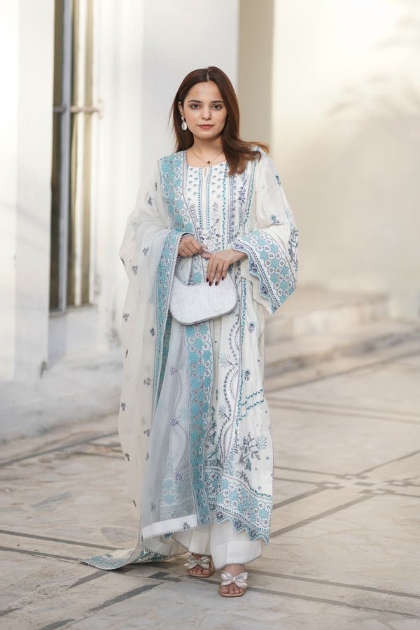 Dust White Embroidered Raw Silk 3-Piece - Daiselle