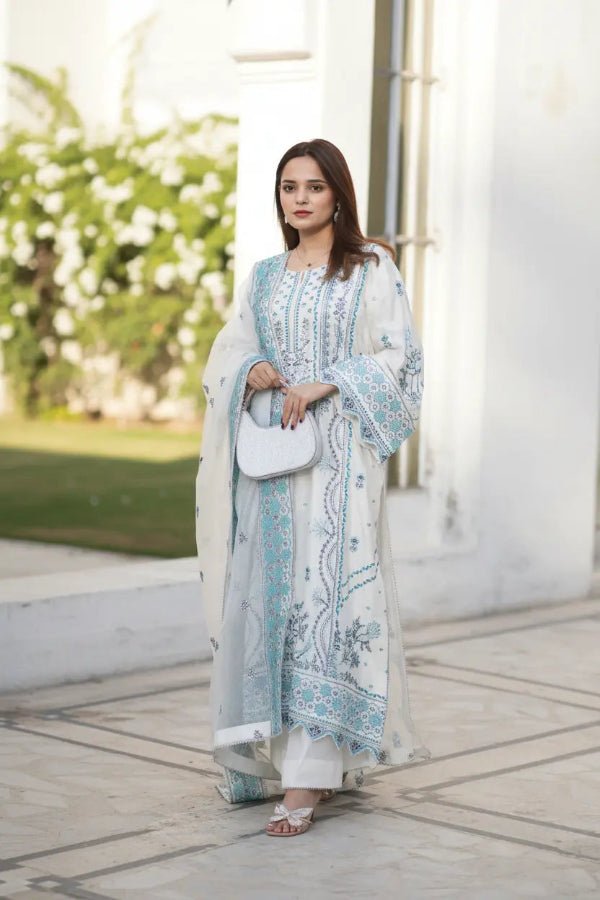 Dust White Embroidered Raw Silk 3-Piece - Daiselle