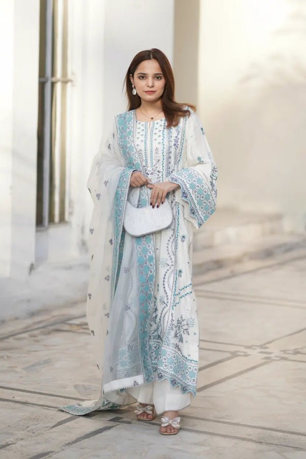 Dust White Embroidered Raw Silk 3-Piece - Daiselle