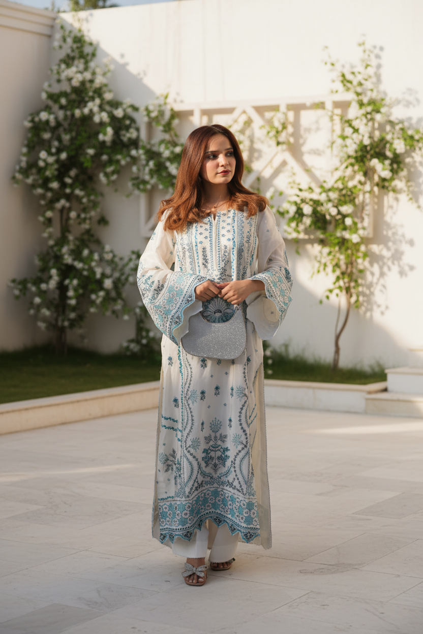 Dust White Embroidered Raw Silk 3-Piece