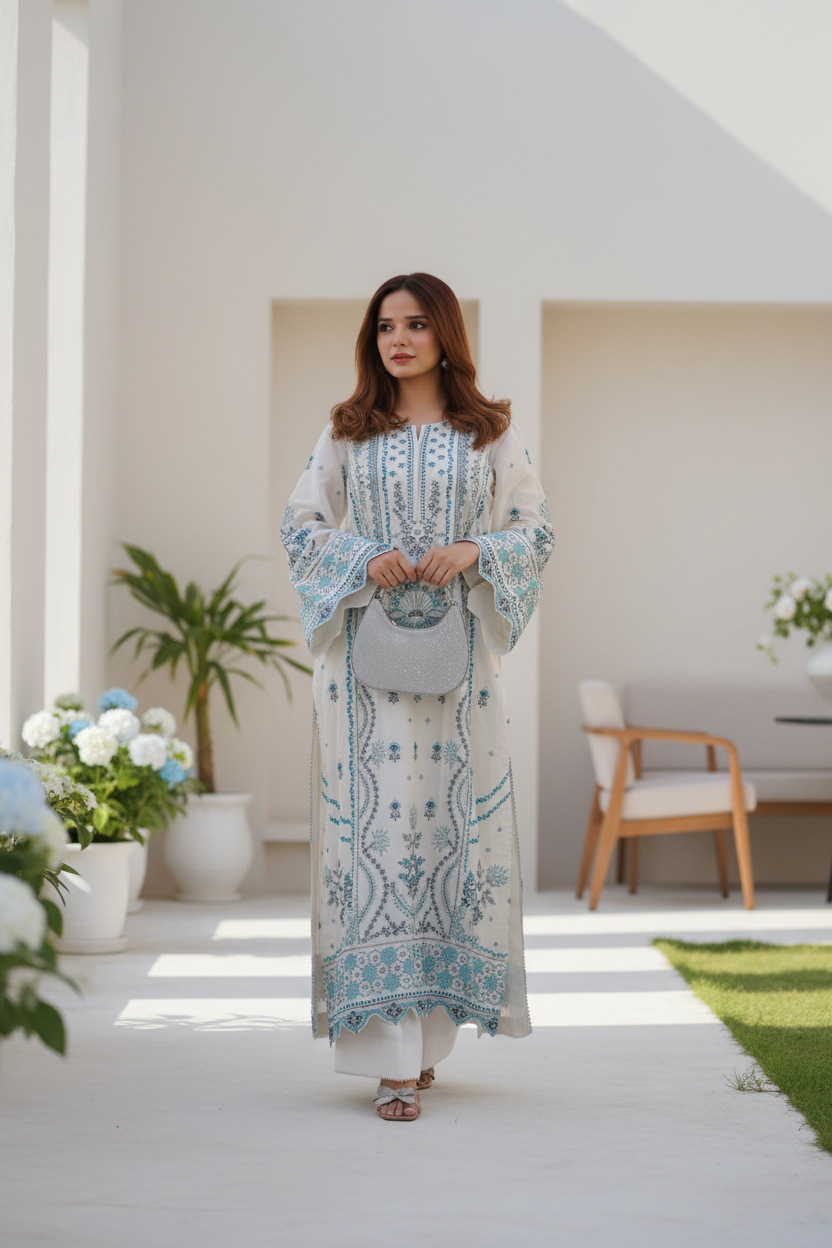 Dust White Embroidered Raw Silk 3-Piece