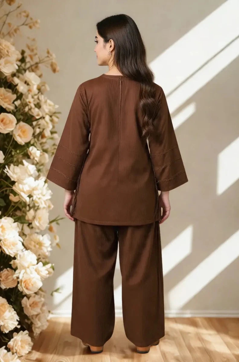 Women's Brown Solid Lawn Co-ord Set – Side View | Daiselle